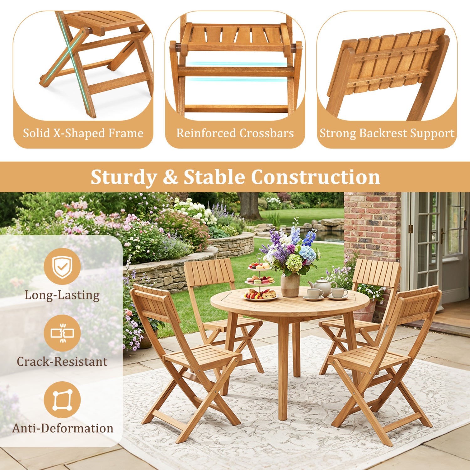 Folding Wood Dining Chairs, 2 Pack, Slatted Backrest Patio Dining Chairs at Gallery Canada