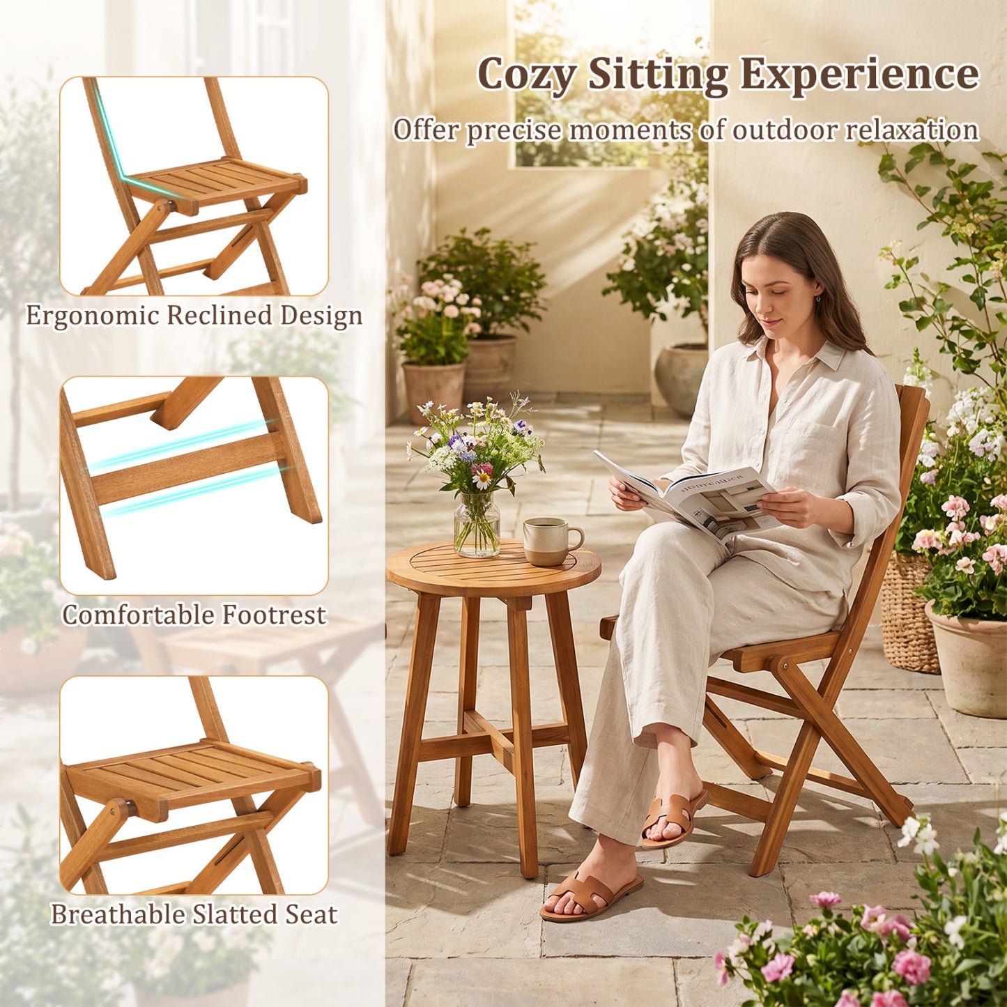 Folding Wood Dining Chairs, 2 Pack, Slatted Backrest Patio Dining Chairs at Gallery Canada
