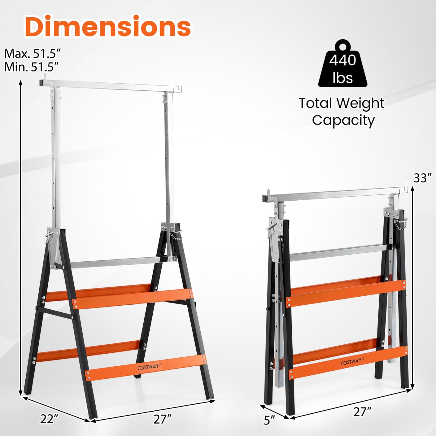 Metal Folding Saw Horses, Adjustable Height, 2-Pack, Orange