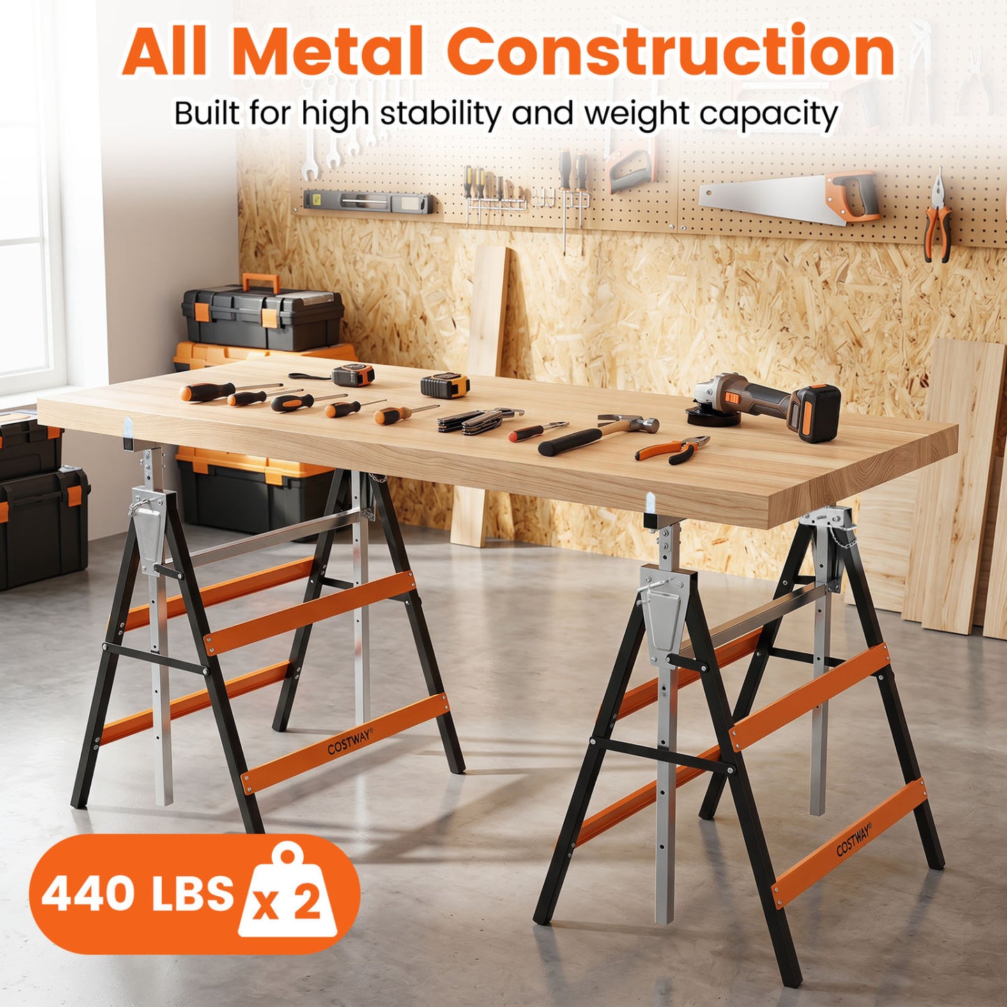 Metal Folding Saw Horses, Adjustable Height, 2-Pack, Orange