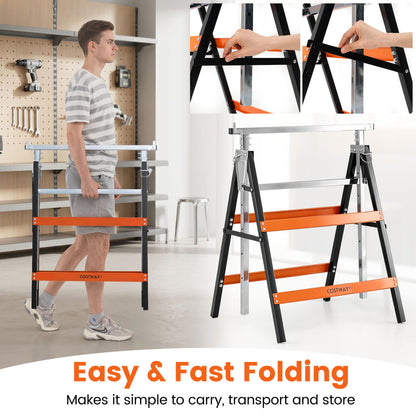 Metal Folding Saw Horses, Adjustable Height, 2-Pack, Orange