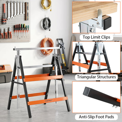 Metal Folding Saw Horses, Adjustable Height, 2-Pack, Orange