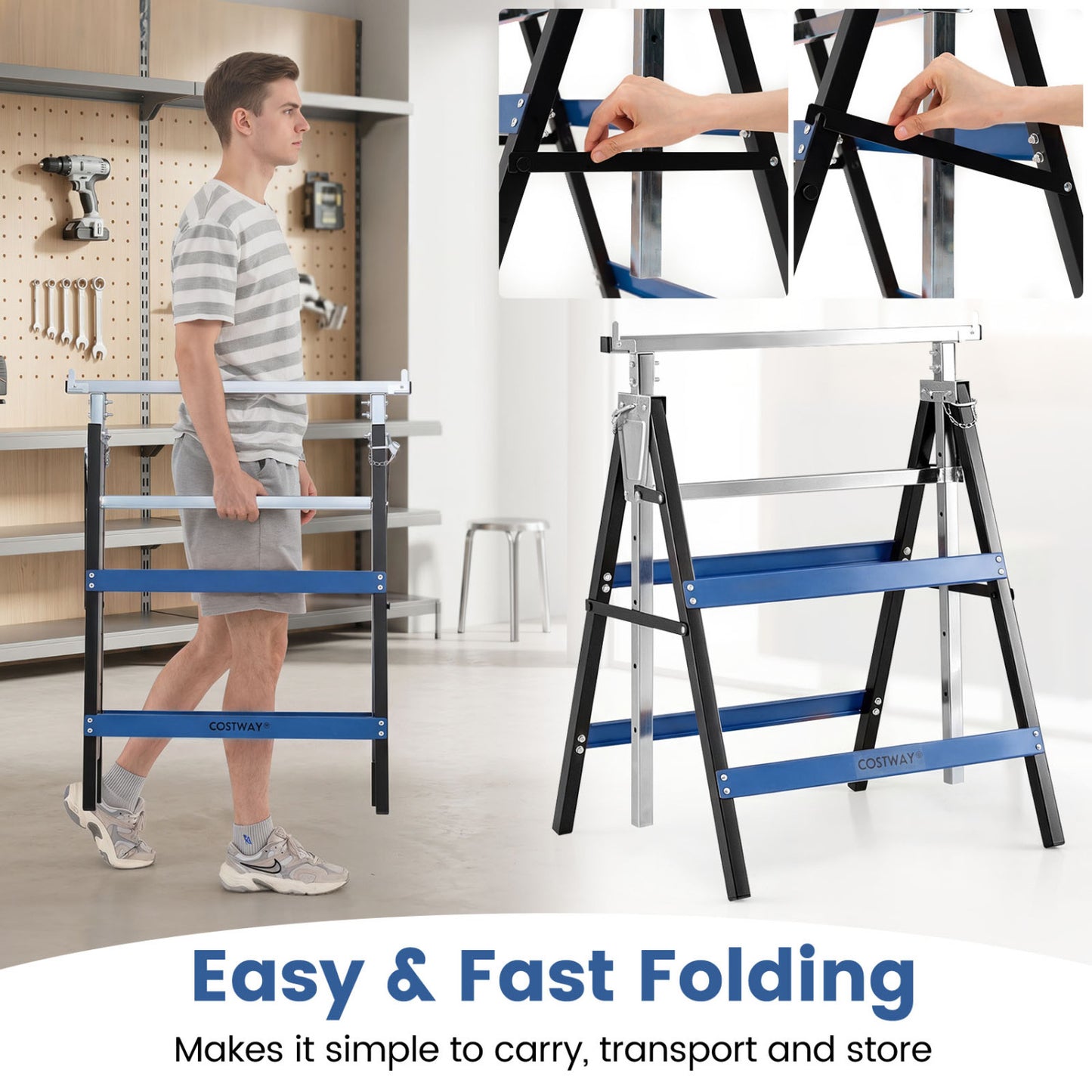 2 Pack Heavy Duty Metal Folding Saw Horses, Blue