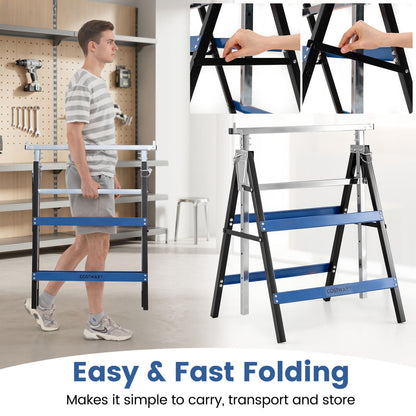 2 Pack Heavy Duty Metal Folding Saw Horses, Blue