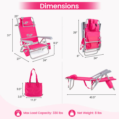 2 Pack Chaise de plage pliante portable, 7 positions, Rose