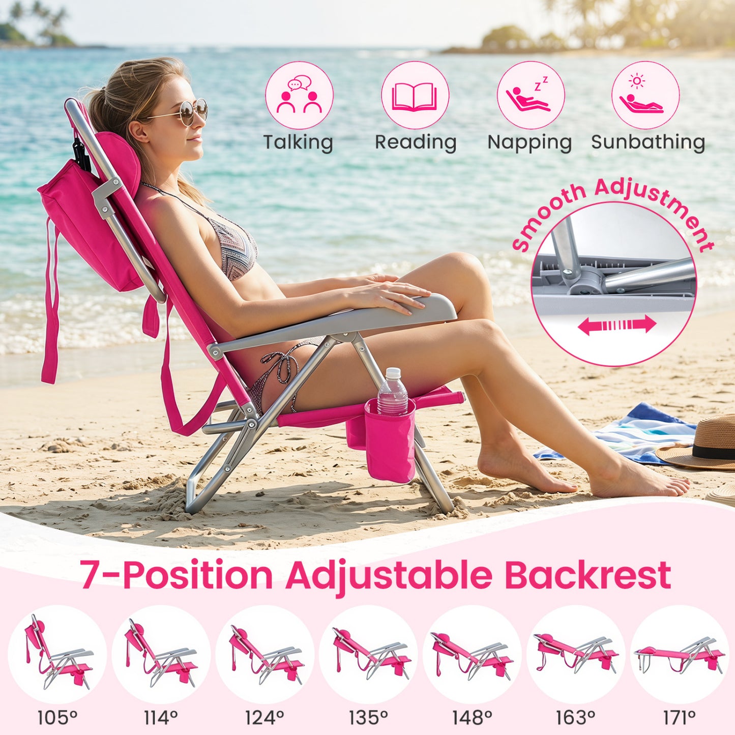 2 Pack Chaise de plage pliante portable, 7 positions, Rose