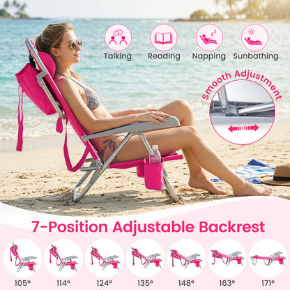 2 Pack Chaise de plage pliante portable, 7 positions, Rose