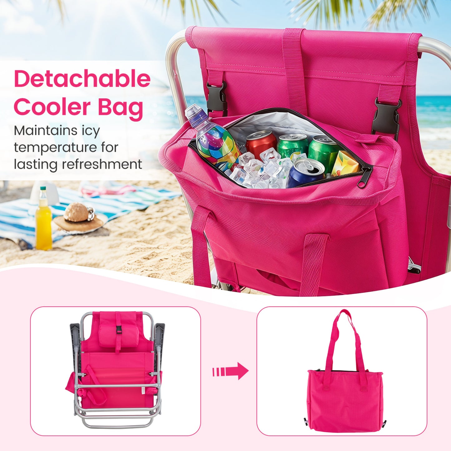 2 Pack Chaise de plage pliante portable, 7 positions, Rose