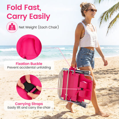 2 Pack Chaise de plage pliante portable, 7 positions, Rose