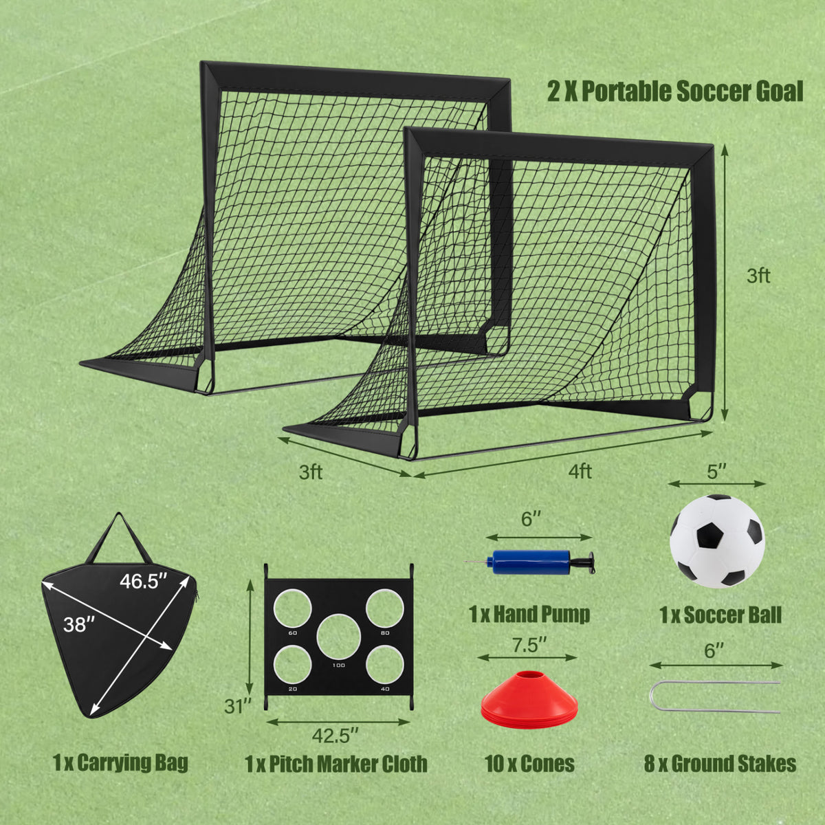 2-Pack Soccer Goals Set with Cones Ball Ground Stakes