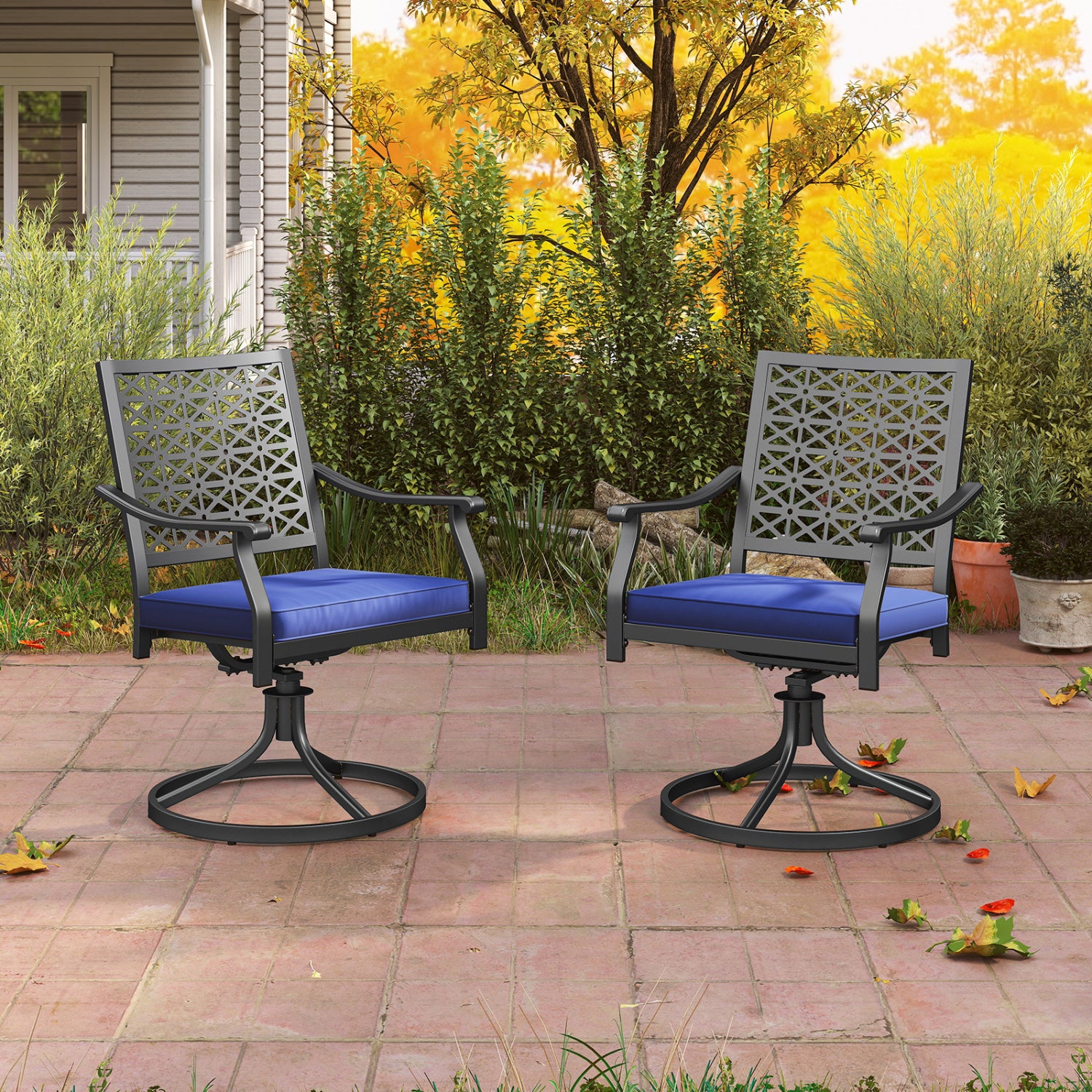 2 Pack Swivel Outdoor Chairs, Soft Cushions, Round Steel Base, Navy Patio Dining Chairs at Gallery Canada