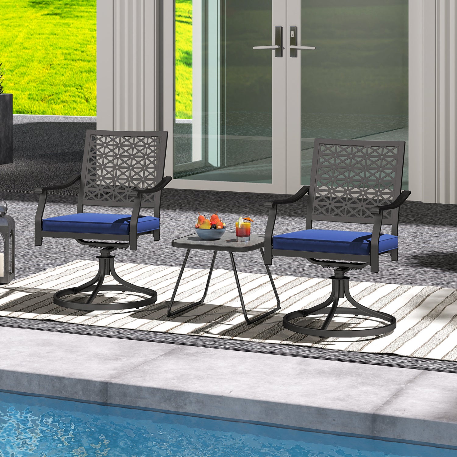 2 Pack Swivel Outdoor Chairs, Soft Cushions, Round Steel Base, Navy Patio Dining Chairs at Gallery Canada