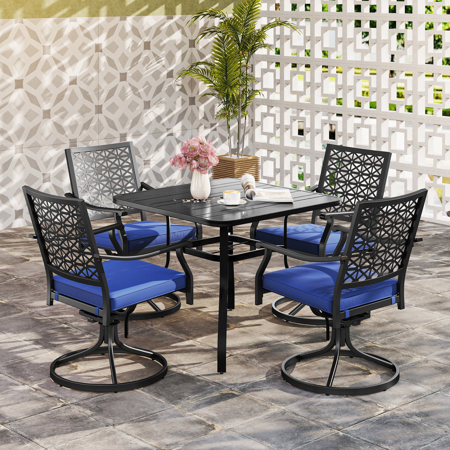 2 Pack Swivel Outdoor Chairs, Soft Cushions, Round Steel Base, Navy Patio Dining Chairs at Gallery Canada