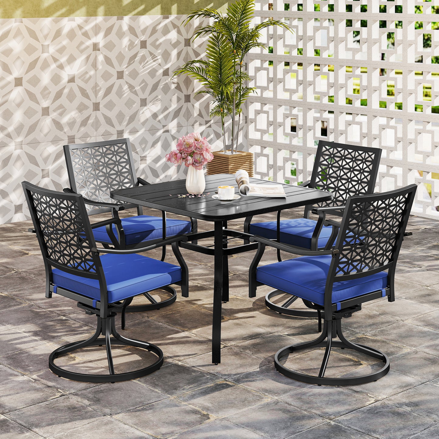 2 Pack Swivel Outdoor Chairs, Soft Cushions, Round Steel Base, Navy Patio Dining Chairs at Gallery Canada