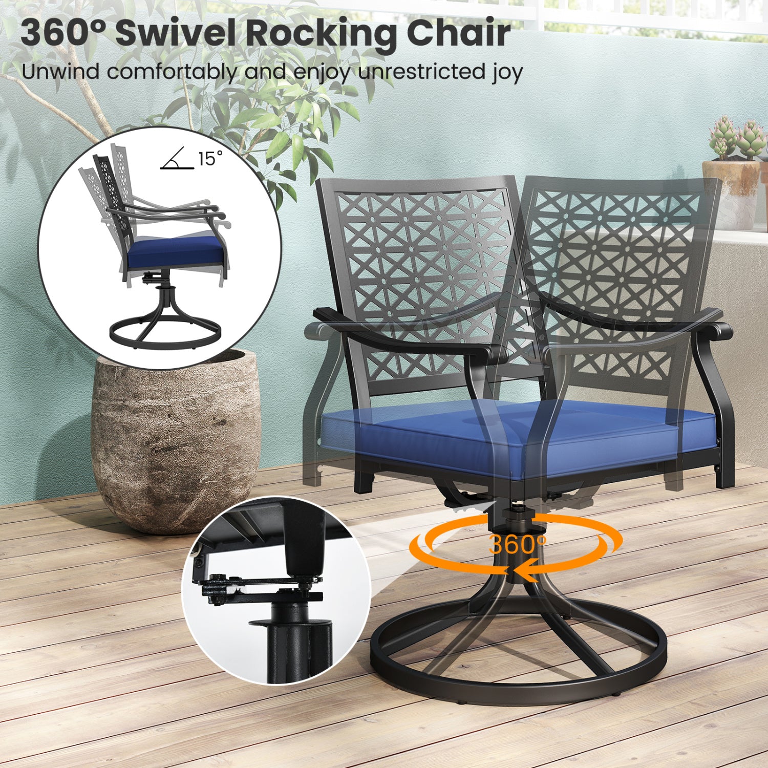 2 Pack Swivel Outdoor Chairs, Soft Cushions, Round Steel Base, Navy Patio Dining Chairs at Gallery Canada