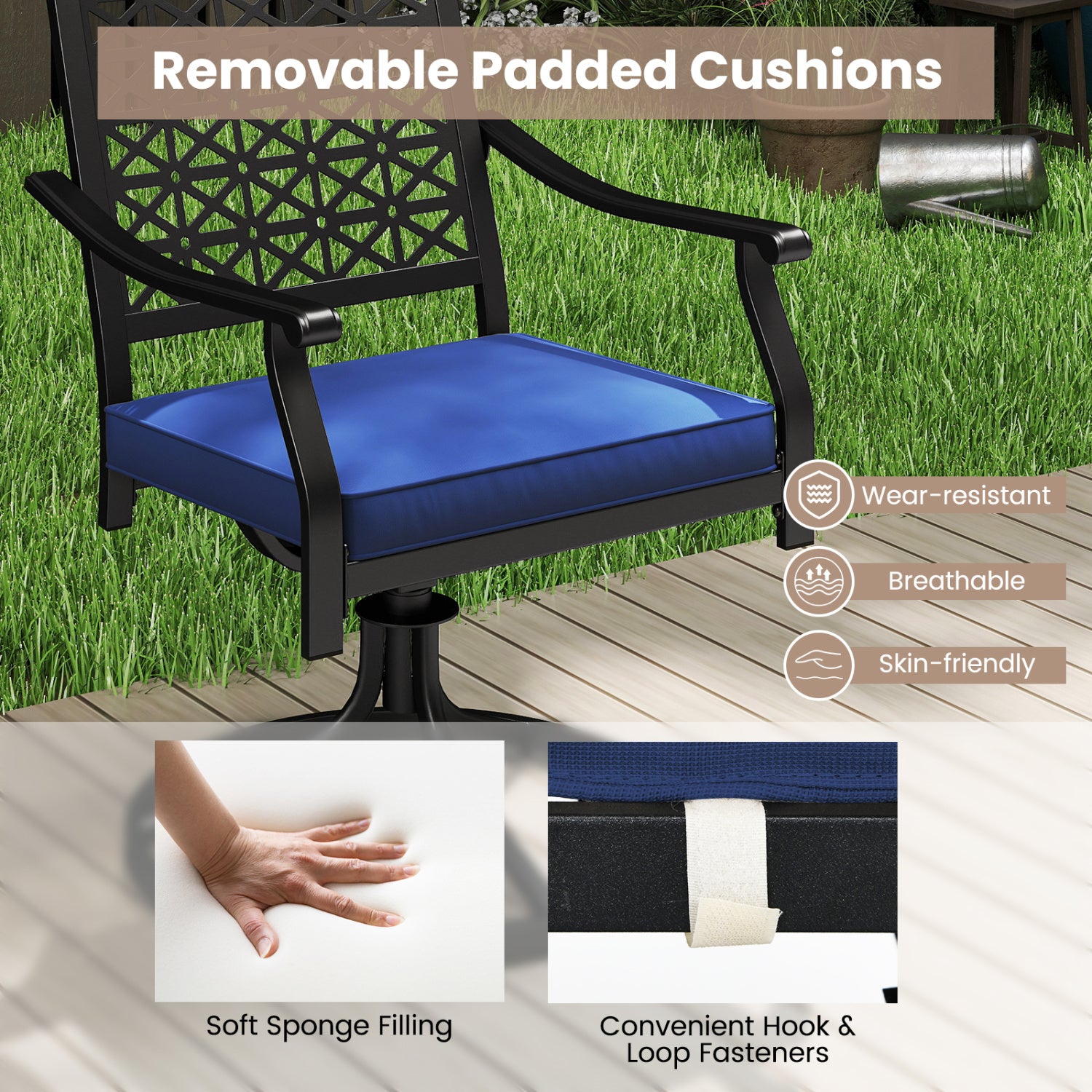 2 Pack Swivel Outdoor Chairs, Soft Cushions, Round Steel Base, Navy Patio Dining Chairs at Gallery Canada