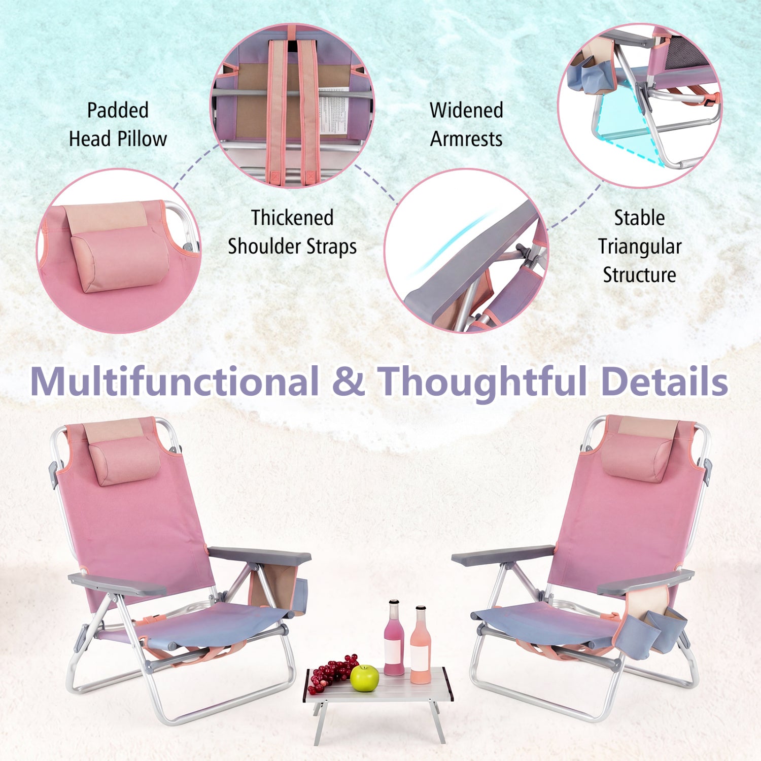 2 Pack 5-Position Folding Backpack Beach Table Chair Set, Light Pink Beach & Lawn Chairs at Gallery Canada