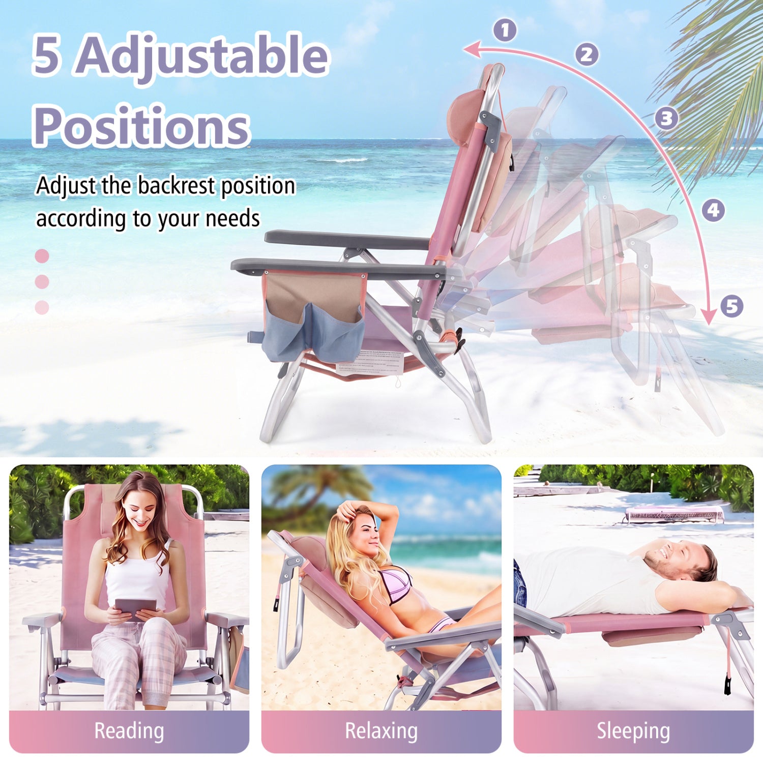 2 Pack 5-Position Folding Backpack Beach Table Chair Set, Light Pink Beach & Lawn Chairs at Gallery Canada