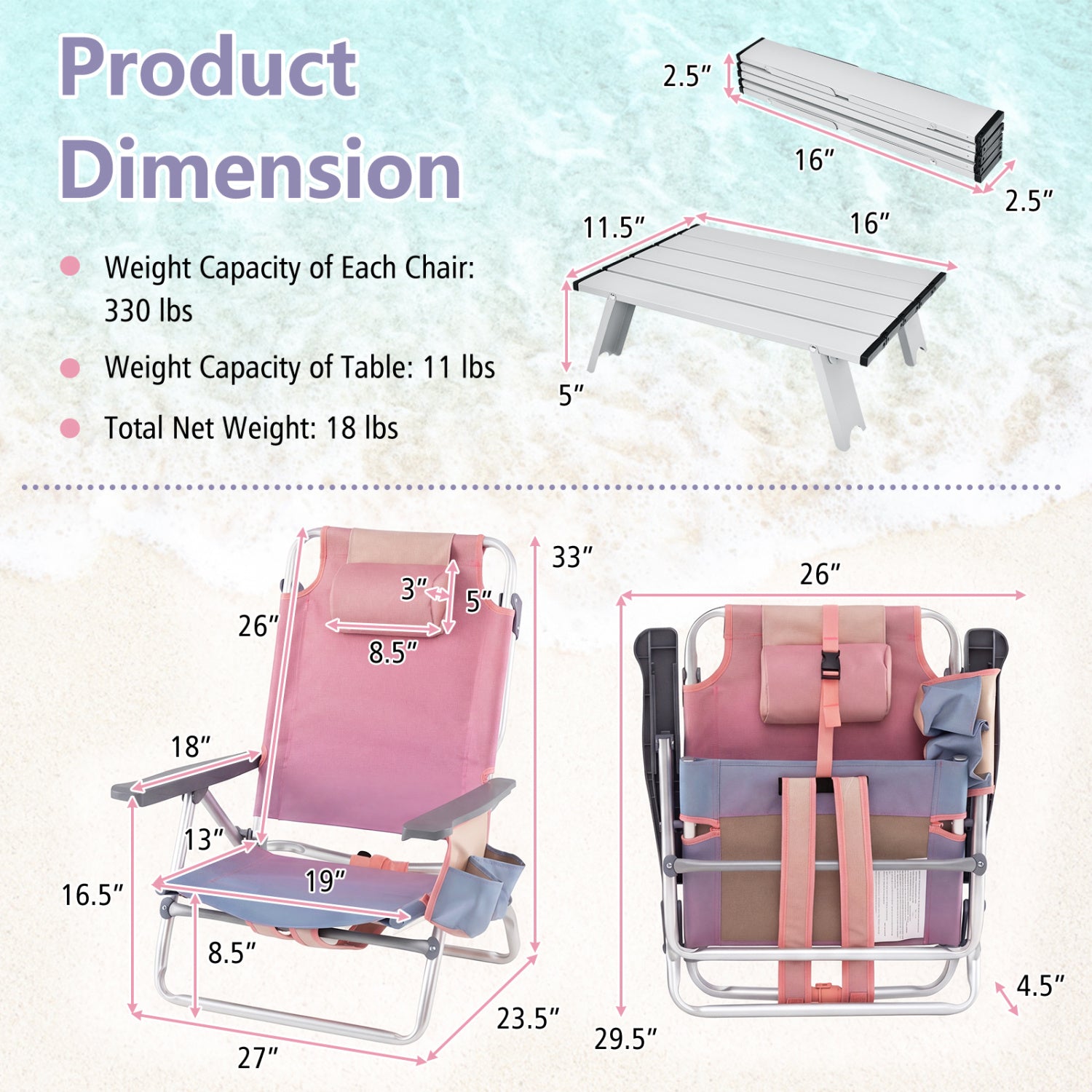 2 Pack 5-Position Folding Backpack Beach Table Chair Set, Light Pink Beach & Lawn Chairs at Gallery Canada