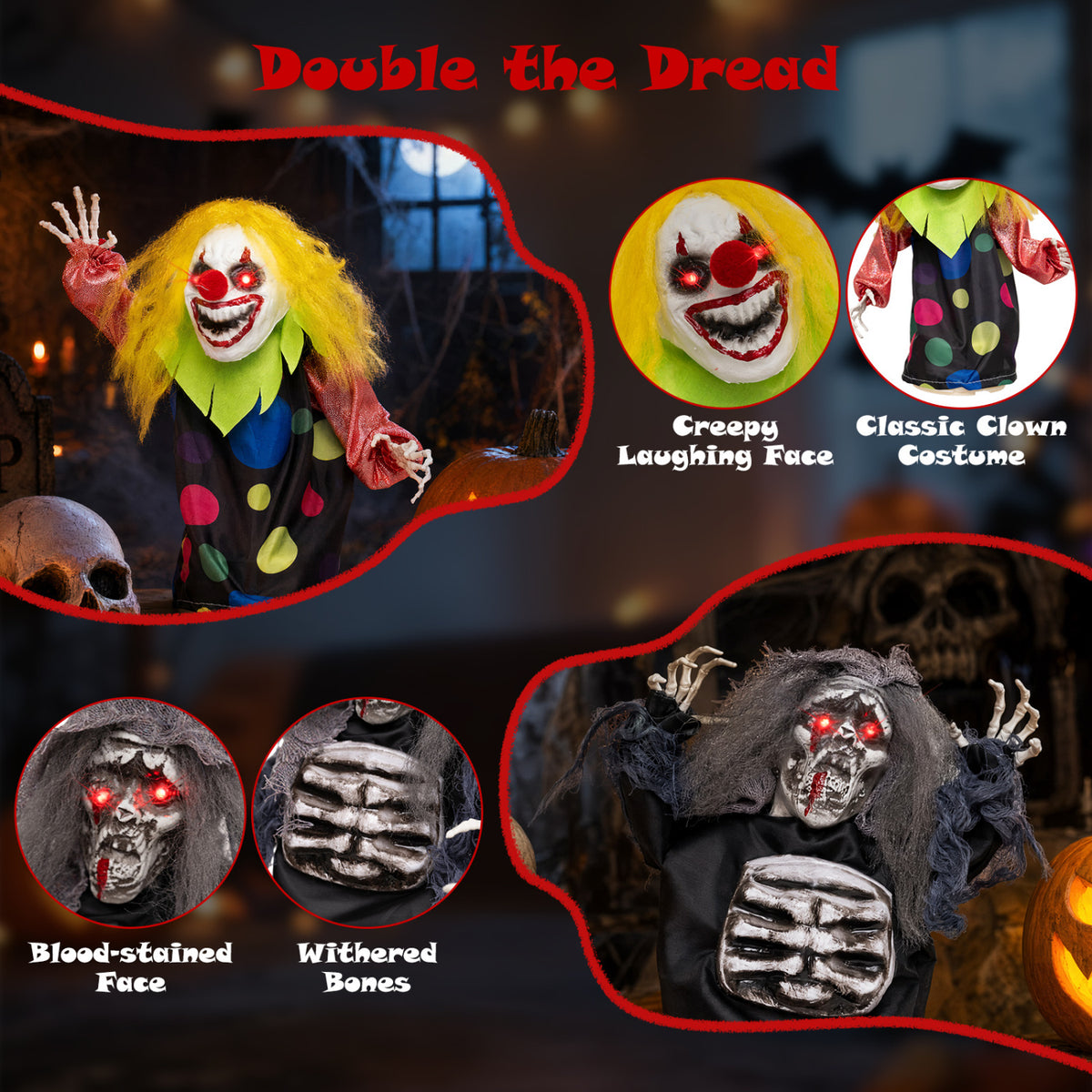 2 Pcs Halloween Animatronic Clown Reaper Tabletop Decor