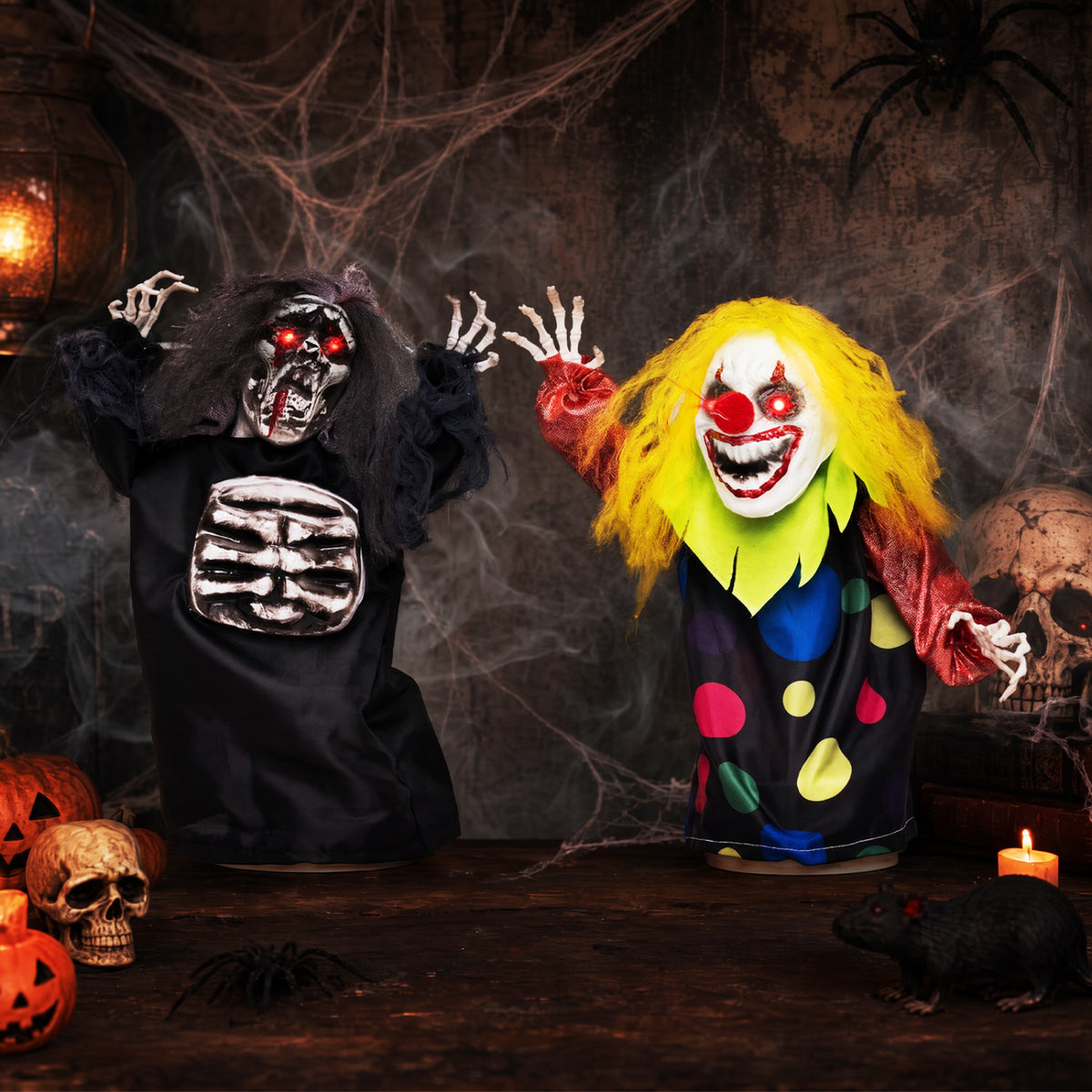 2 Pcs Halloween Animatronic Clown Reaper Tabletop Decor