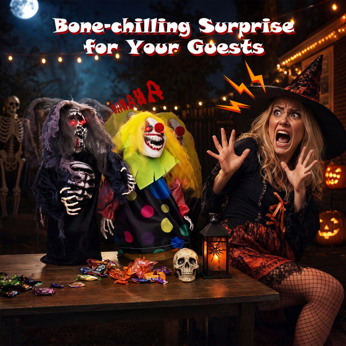 2 Pcs Halloween Animatronic Clown Reaper Tabletop Decor