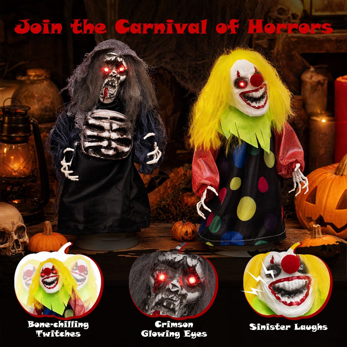 2 Pcs Halloween Animatronic Clown Reaper Tabletop Decor