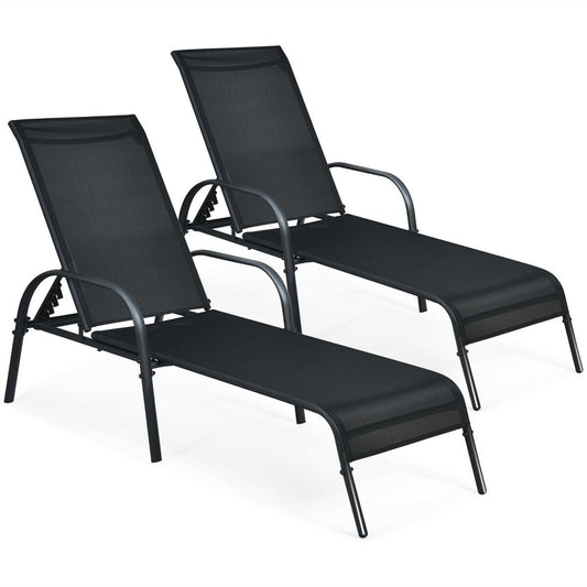 Outdoor Patio Lounge Chair, Adjustable Reclining Armrest, Black Outdoor Chaise Lounges Black at Gallery Canada