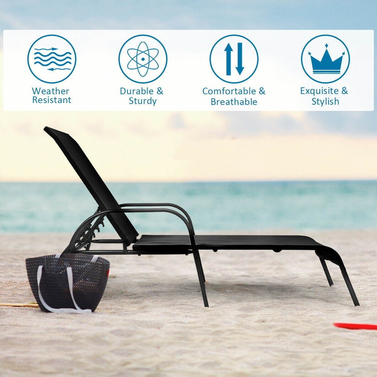 Outdoor Patio Lounge Chair, Adjustable Reclining Armrest, Black Outdoor Chaise Lounges at Gallery Canada