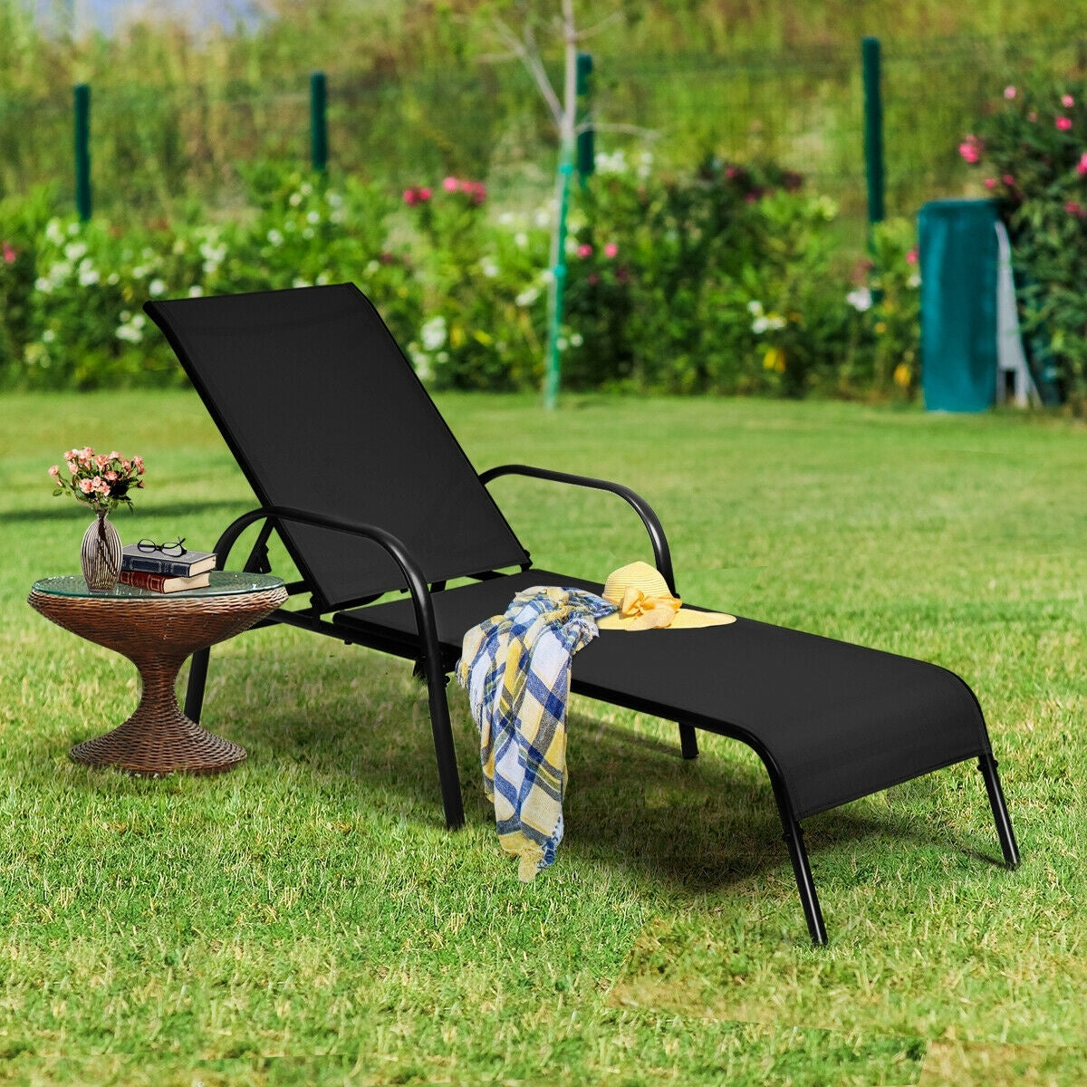 Outdoor Patio Lounge Chair, Adjustable Reclining Armrest, Black Outdoor Chaise Lounges at Gallery Canada