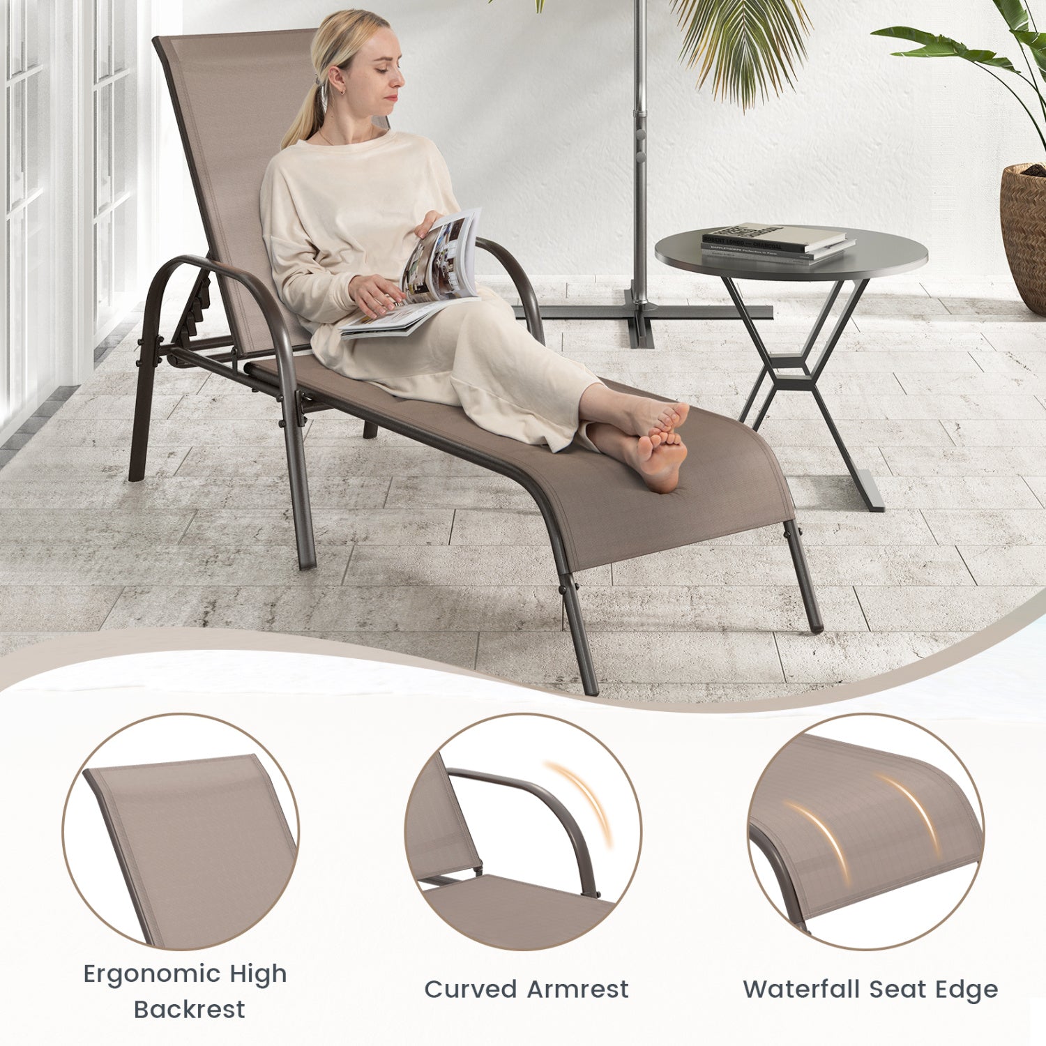 Outdoor Patio Lounge Chair, Adjustable Reclining Armrest, Brown Outdoor Chaise Lounges at Gallery Canada