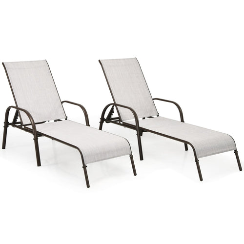 Outdoor Patio Lounge Chair, 2 Pieces, Adjustable Reclining Armrest, Gray