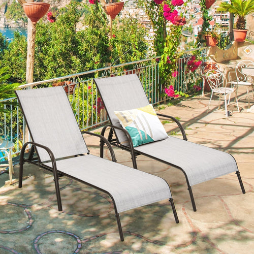 Outdoor Patio Lounge Chair, 2 Pieces, Adjustable Reclining Armrest, Gray