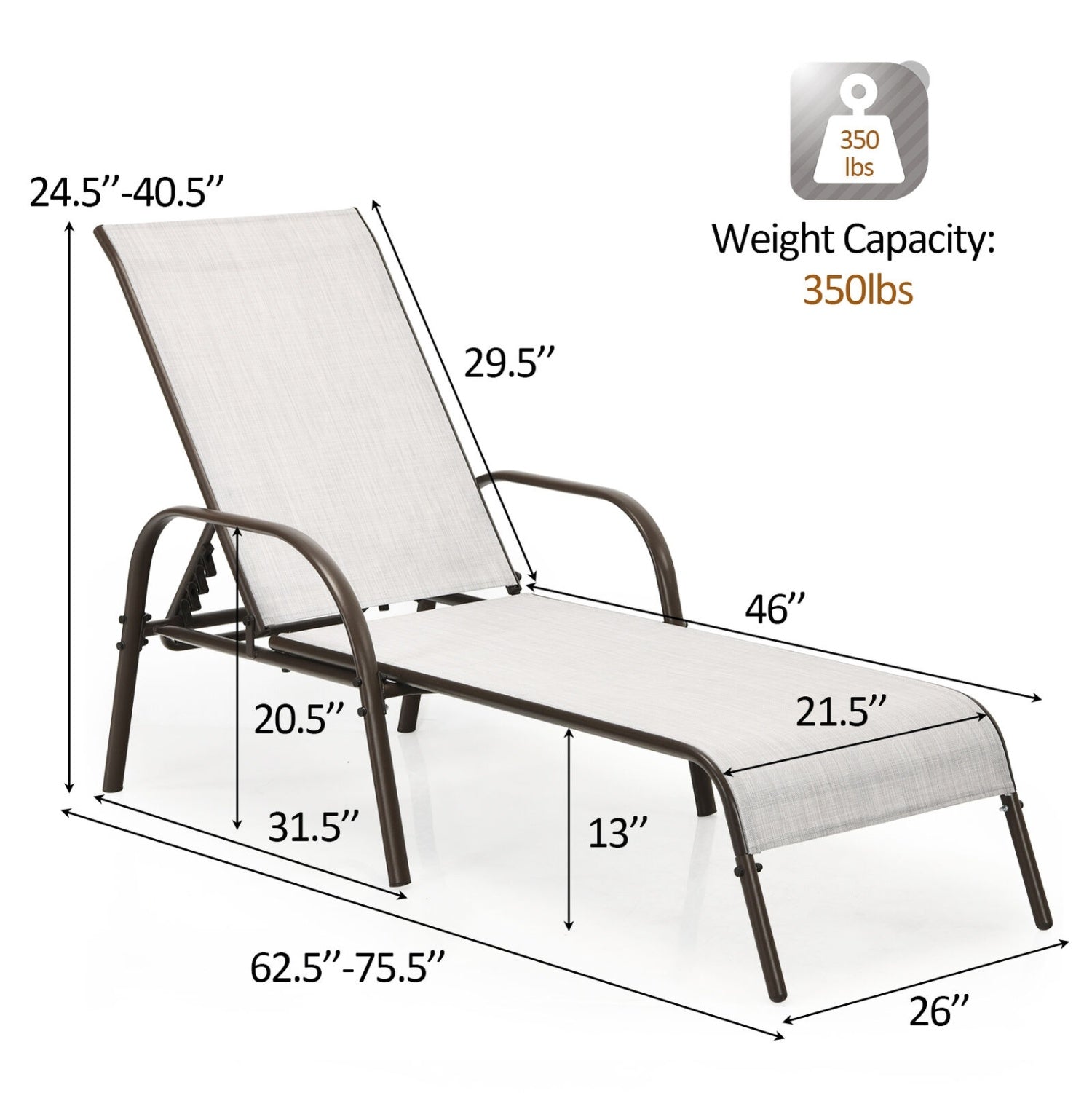 Outdoor Patio Lounge Chair, 2 Pieces, Adjustable Reclining Armrest, Gray Outdoor Chaise Lounges at Gallery Canada