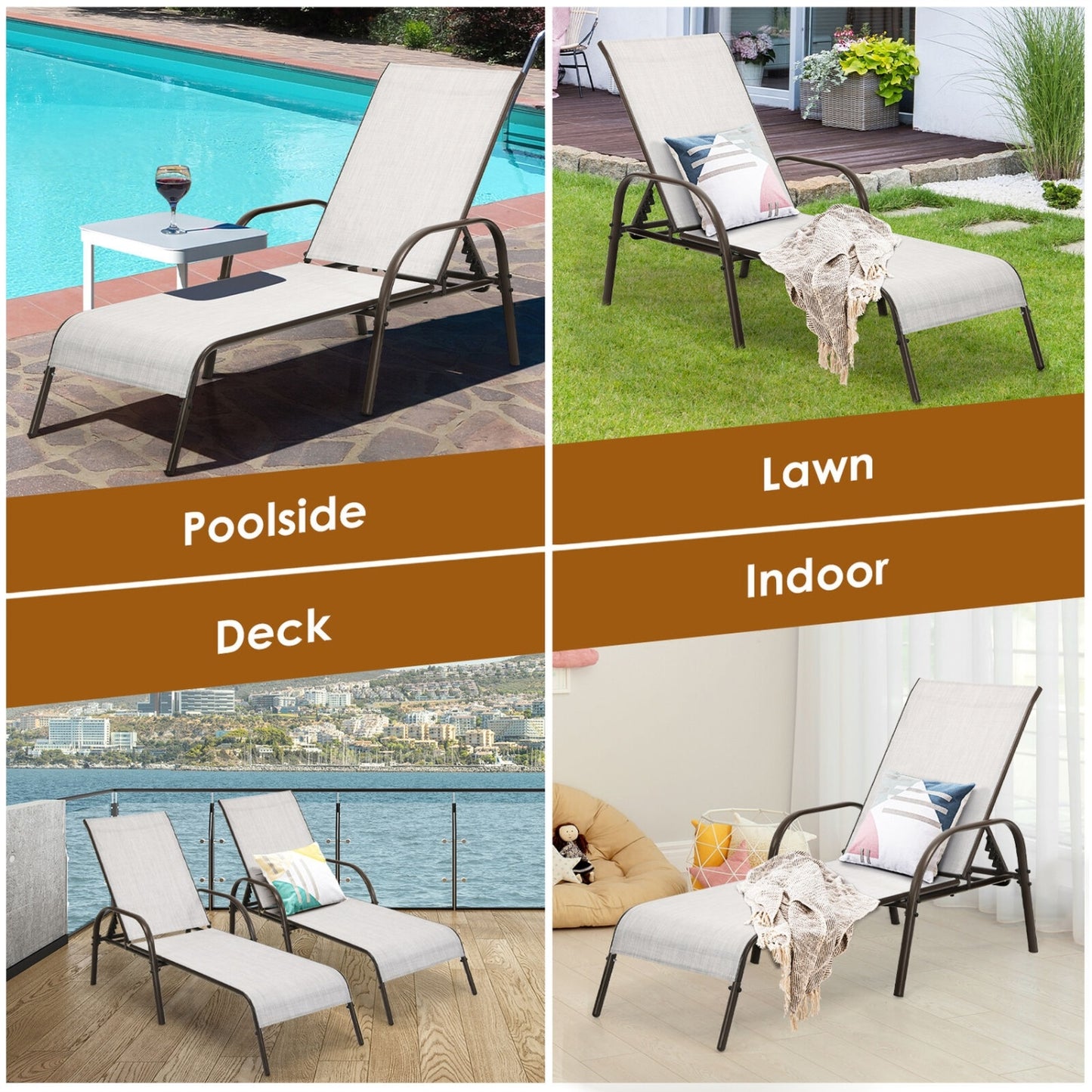 Outdoor Patio Lounge Chair, 2 Pieces, Adjustable Reclining Armrest, Gray Outdoor Chaise Lounges at Gallery Canada