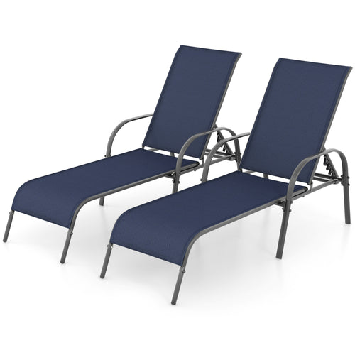 2 Pcs Outdoor Patio Lounge Chair, Adjustable Reclining Armrest, Navy