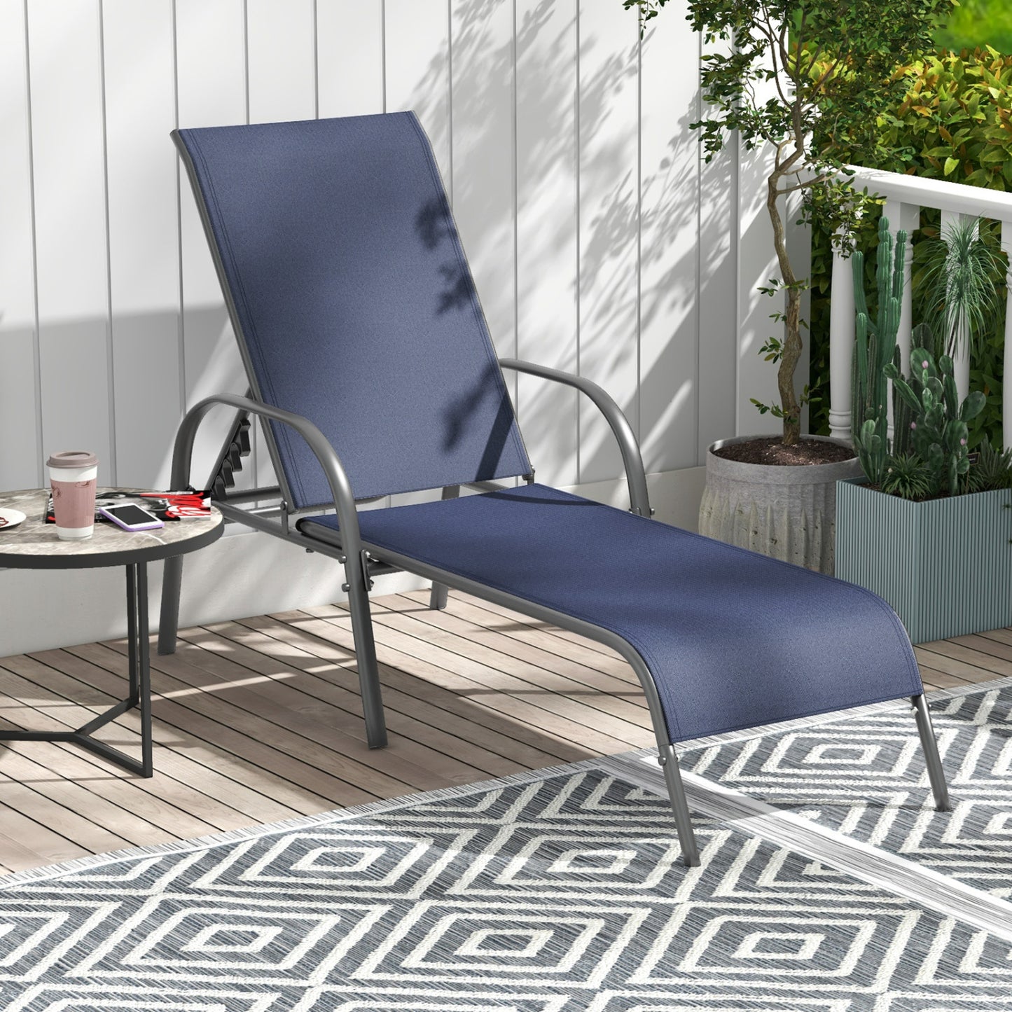 2 Pcs Outdoor Patio Lounge Chair, Adjustable Reclining Armrest, Navy Outdoor Chaise Lounges at Gallery Canada