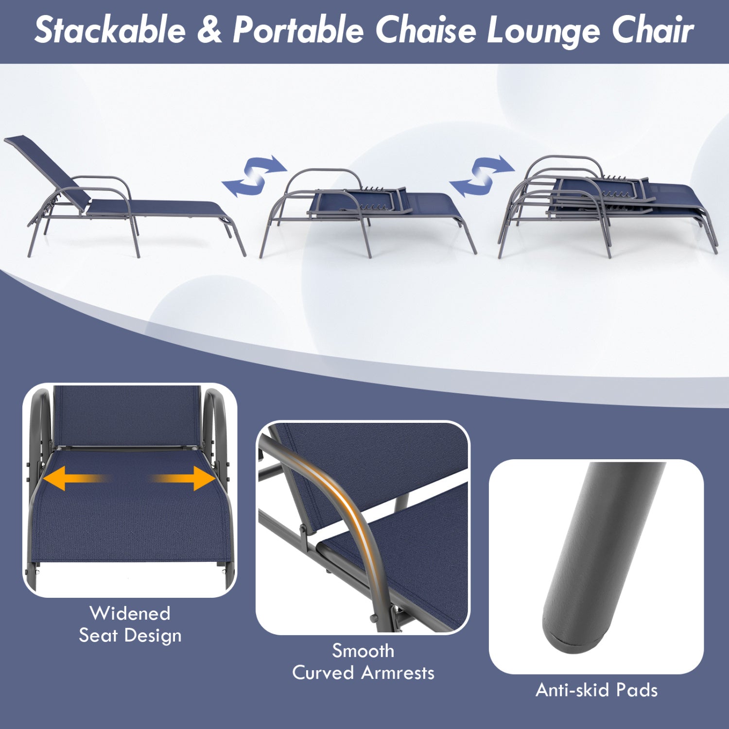2 Pcs Outdoor Patio Lounge Chair, Adjustable Reclining Armrest, Navy Outdoor Chaise Lounges at Gallery Canada