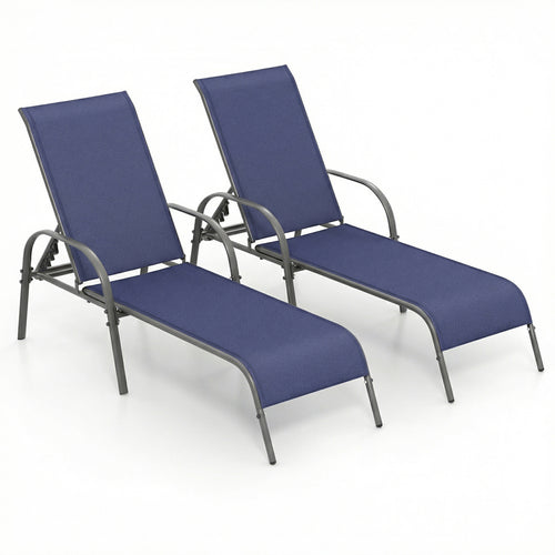2 Pcs Outdoor Patio Lounge Chair, Adjustable Reclining Armrest, Navy