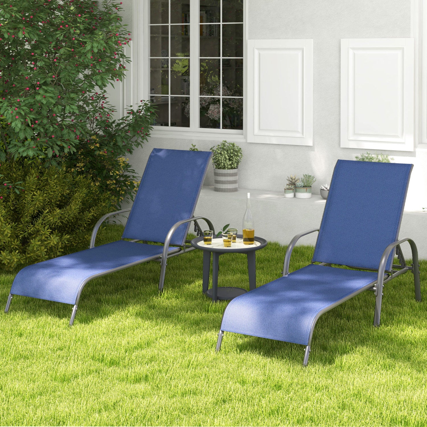 2 Pcs Outdoor Patio Lounge Chair, Adjustable Reclining Armrest, Navy Outdoor Chaise Lounges at Gallery Canada