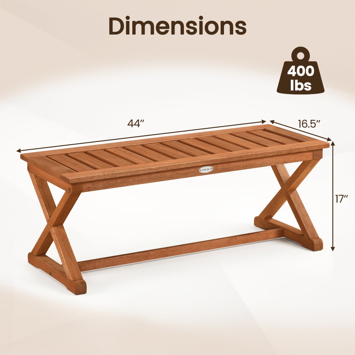 2-Person 44" Solid Wood Outdoor Bench, Slatted Seat