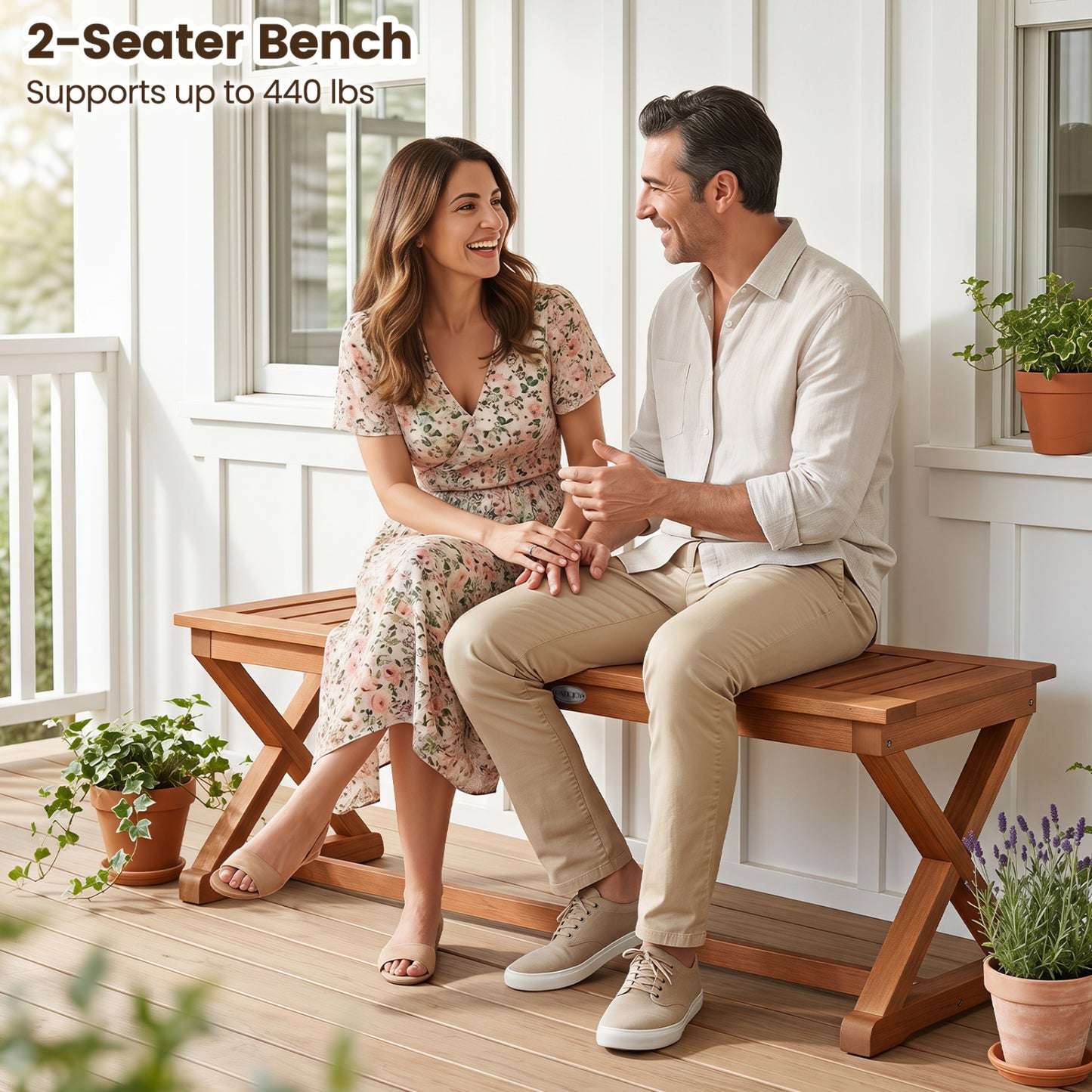 2-Person 44" Solid Wood Outdoor Bench, Slatted Seat