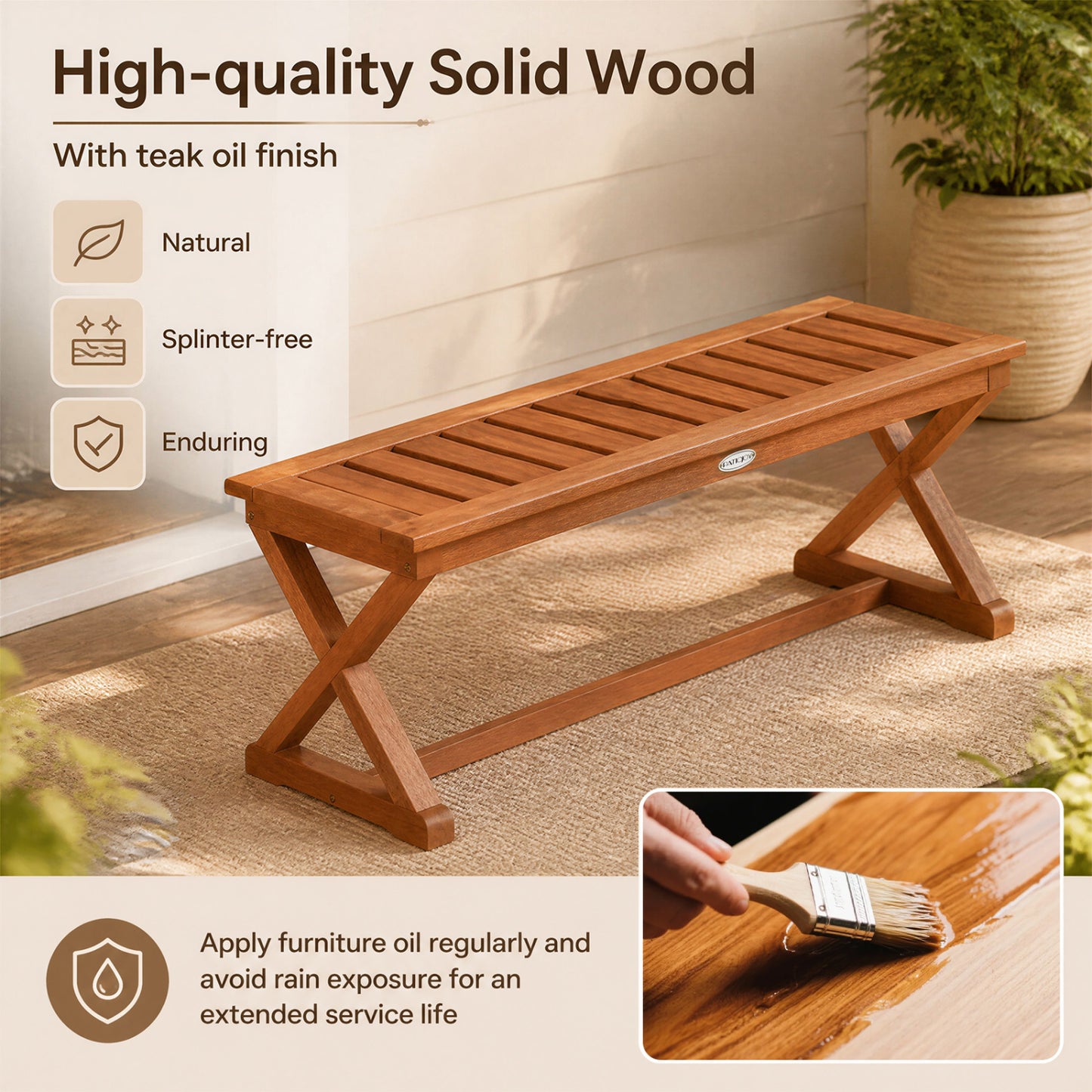 44" Solid Wood Outdoor Bench, 2-Person, Piece, 2