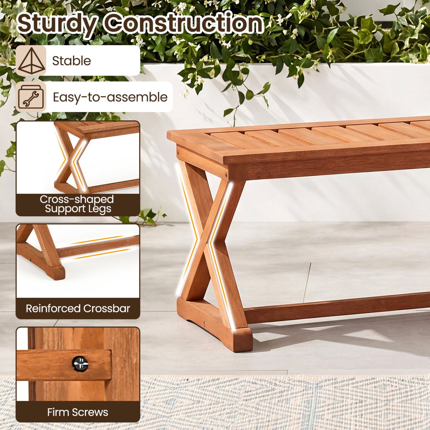 44" Solid Wood Outdoor Bench, 2-Person, Piece, 2