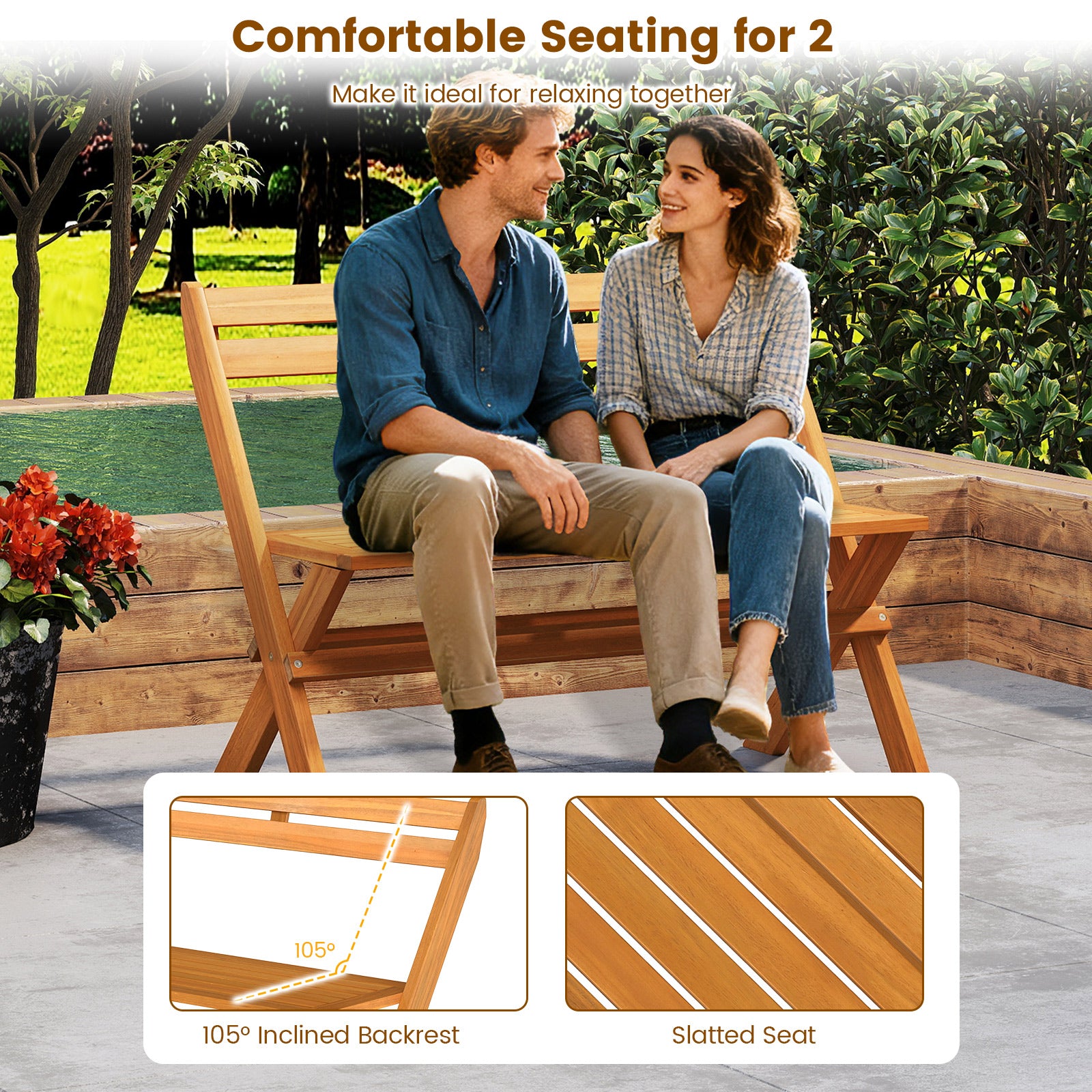 2-Person Acacia Wood Patio Garden Bench with 800 lbs Capacity Outdoor Benches at Gallery Canada