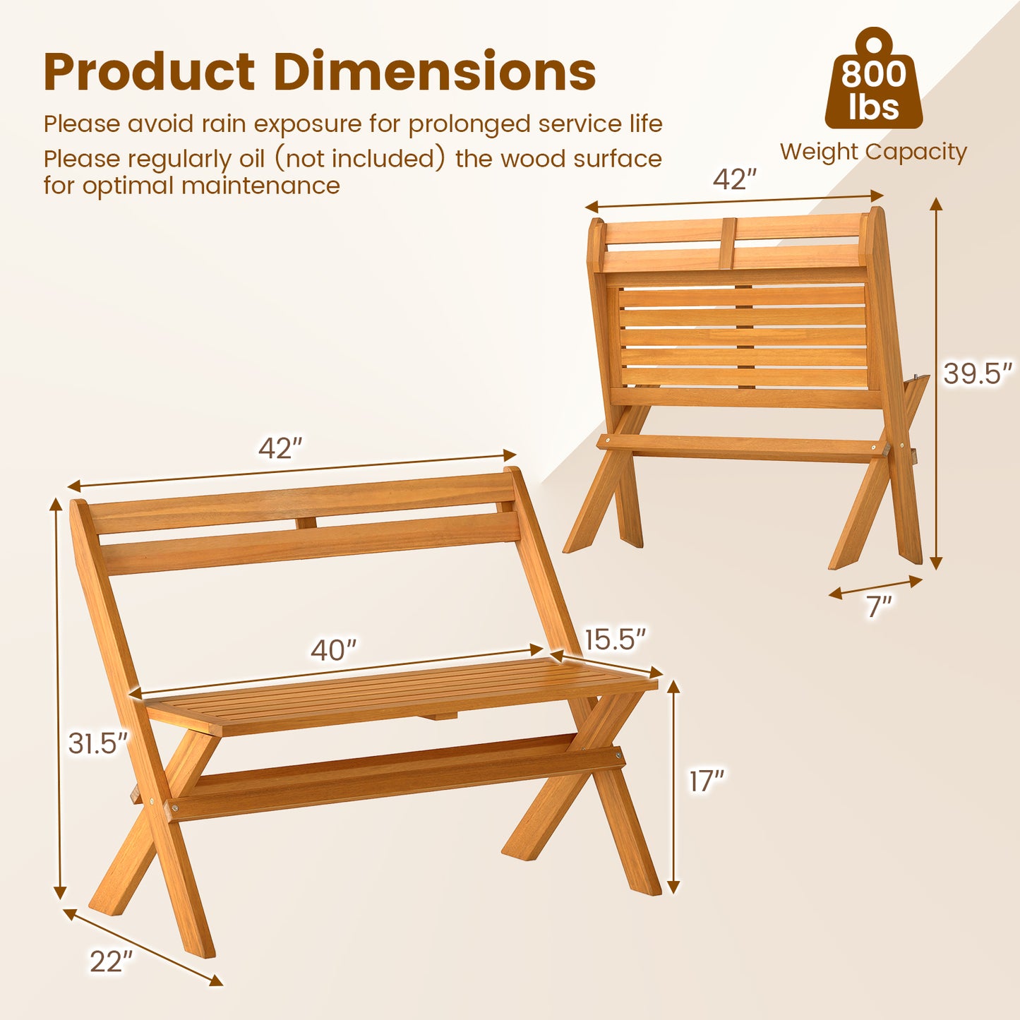 2-Person Acacia Wood Patio Garden Bench with 800 lbs Capacity Outdoor Benches at Gallery Canada