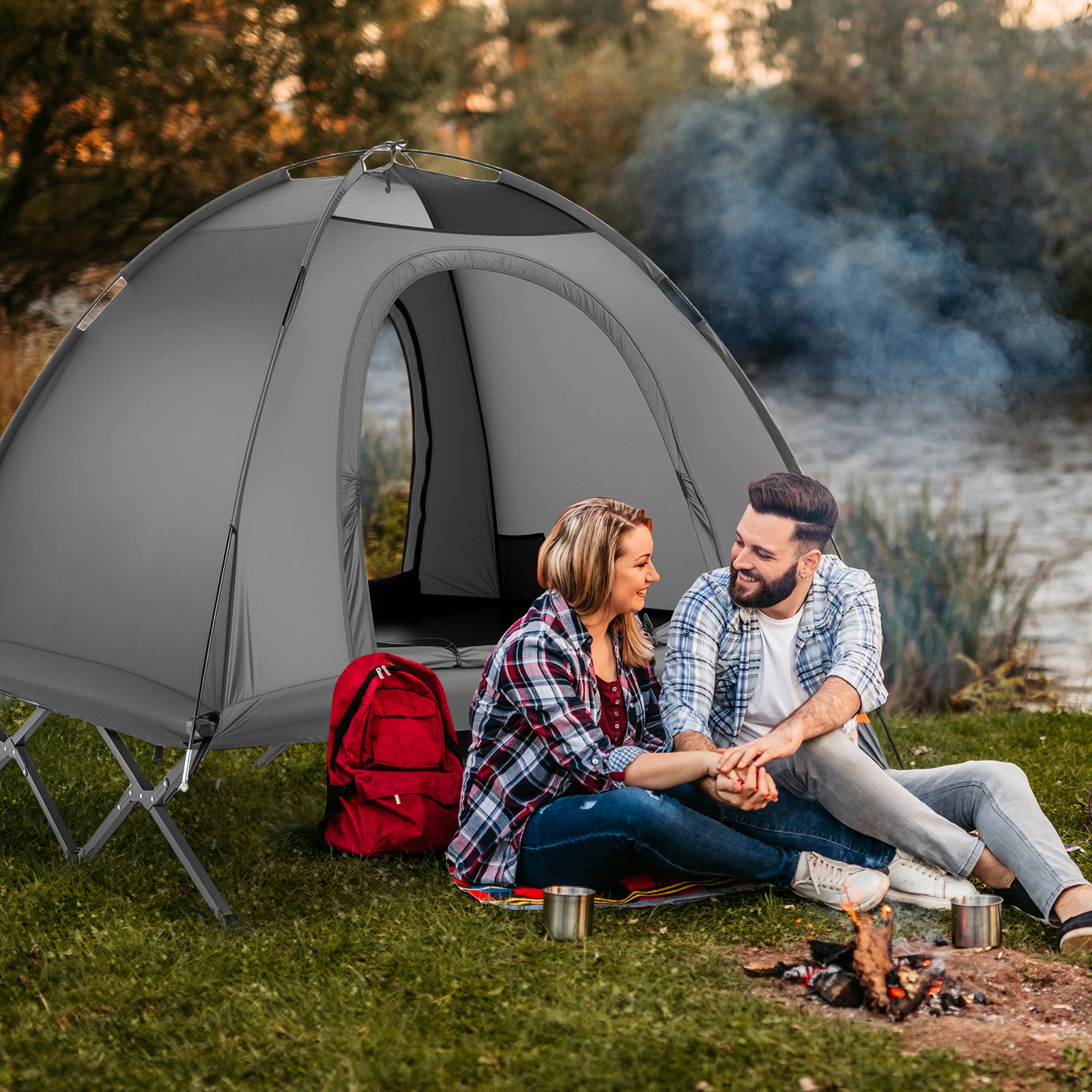 2-Person Camping Cot Tent Foldable Off-Ground Camping Combo for Adults-Grey, Gray Tents at Gallery Canada