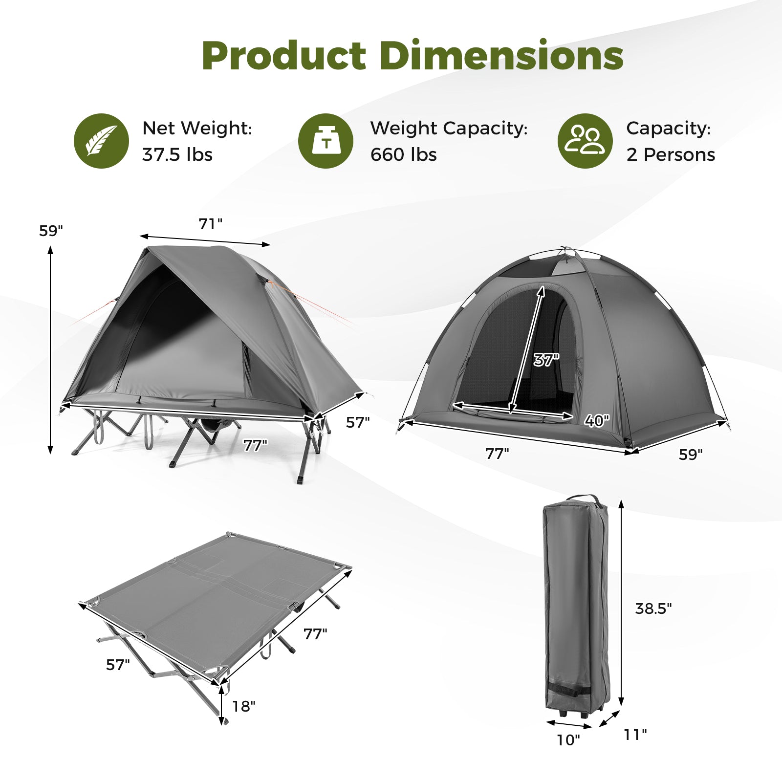 2-Person Camping Cot Tent Foldable Off-Ground Camping Combo for Adults-Grey, Gray Tents at Gallery Canada