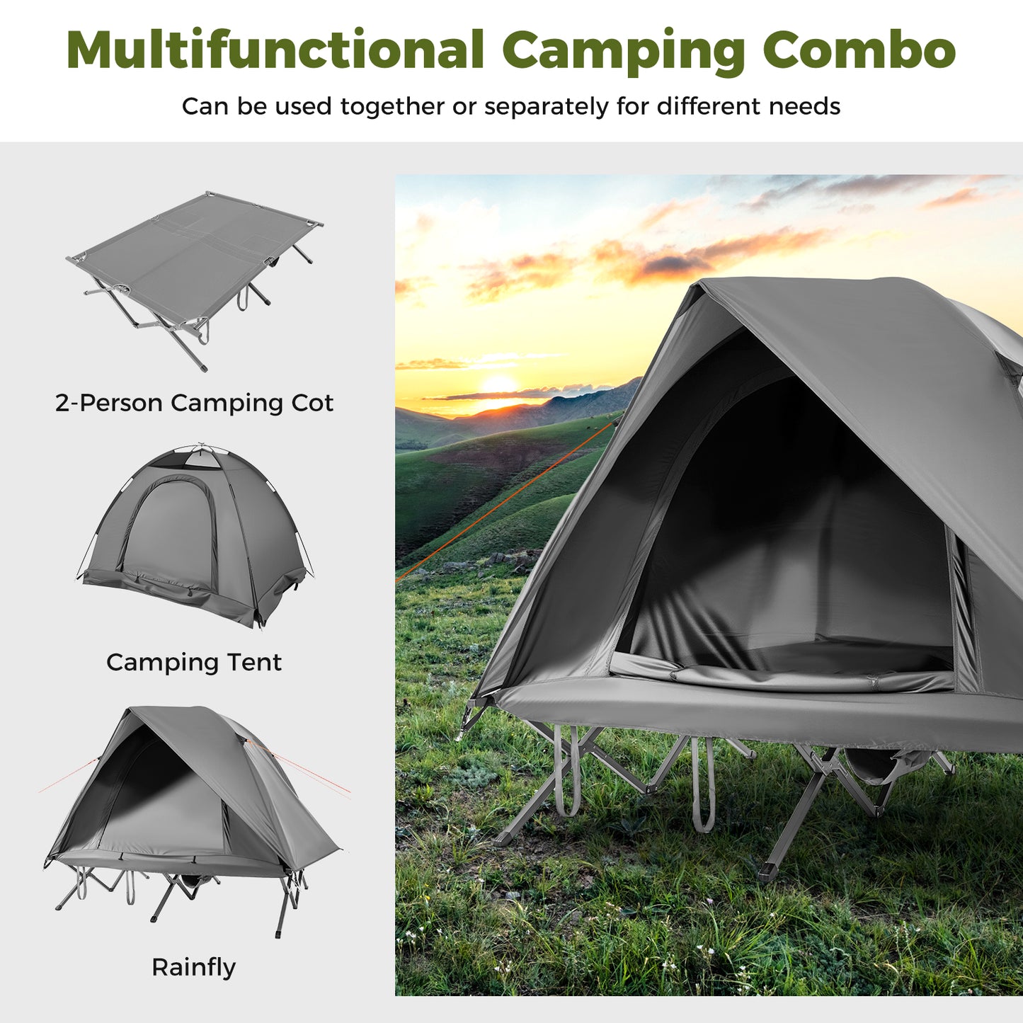 2-Person Camping Cot Tent Foldable Off-Ground Camping Combo for Adults-Grey, Gray Tents at Gallery Canada