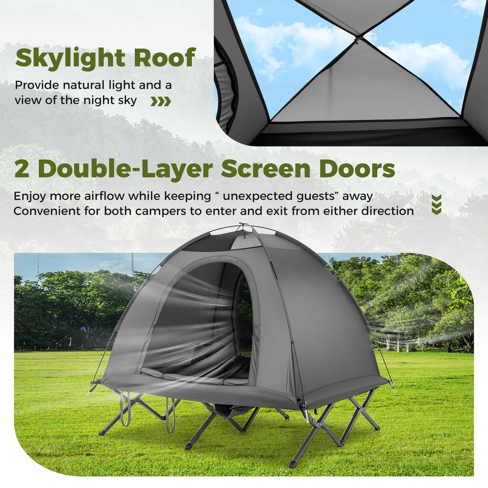 2-Person Camping Cot Tent Foldable Off-Ground Camping Combo for Adults-Grey, Gray Tents at Gallery Canada